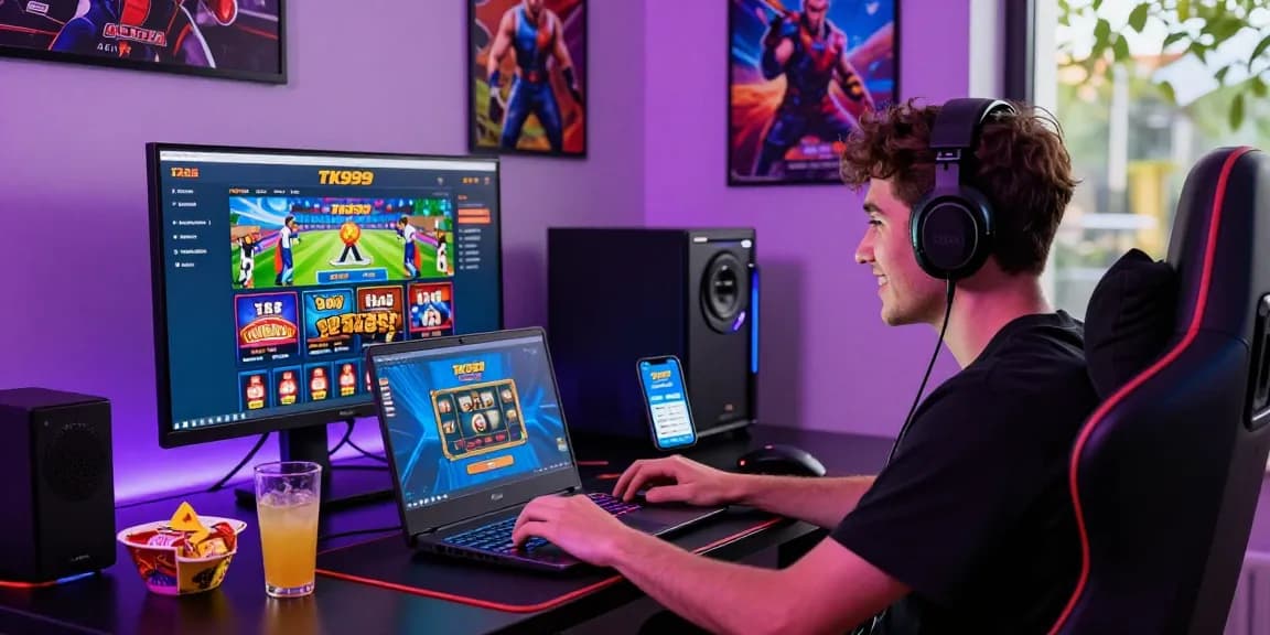Young adult gaming enthusiast engaged with the TK999 platform on a laptop, showcasing an immersive online betting experience.