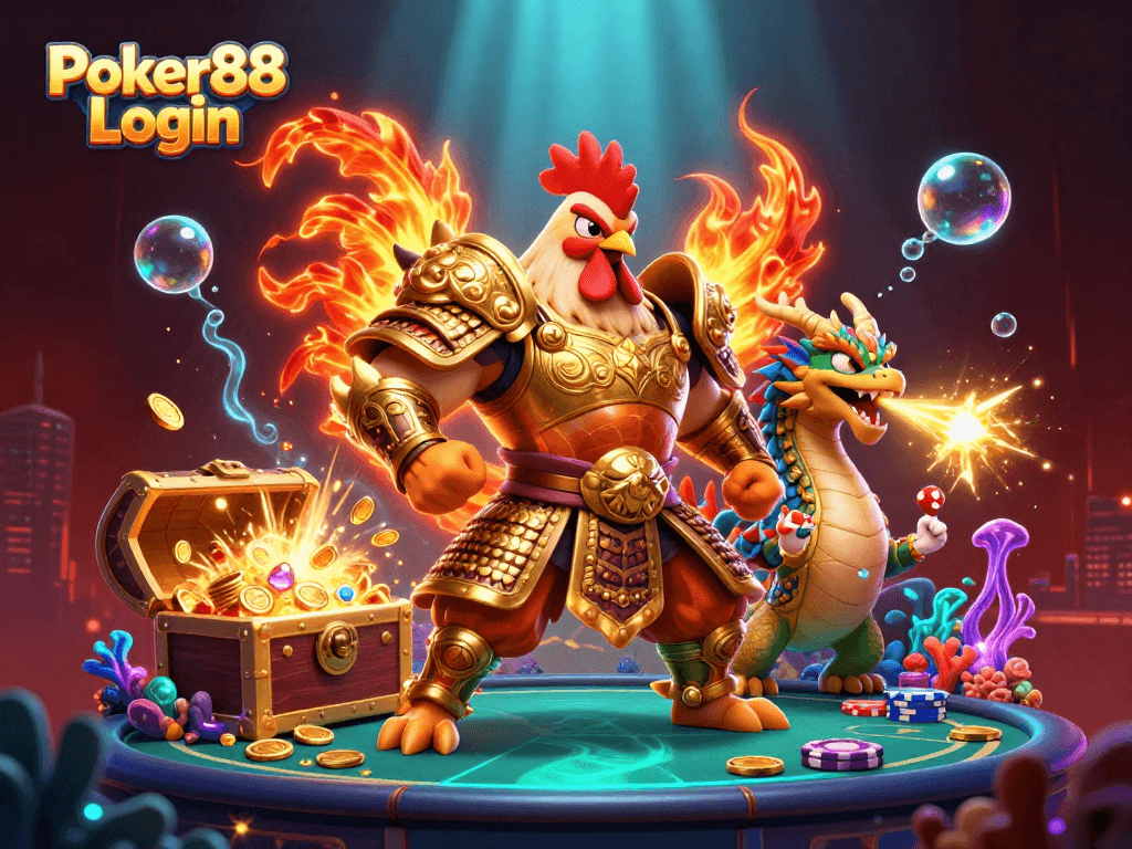 Engage in thrilling poker fun with Poker88 Login featuring vibrant 3D characters and dynamic casino elements.