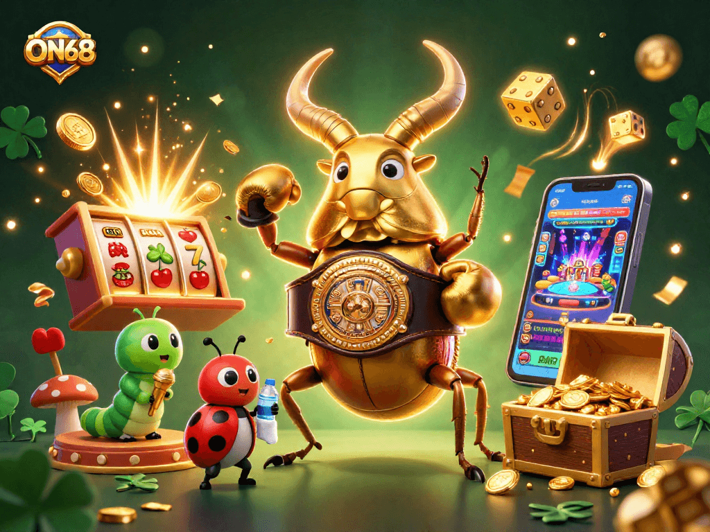 Experience ON68's vibrant gaming world with a golden stag beetle champion in a jackpot explosion.