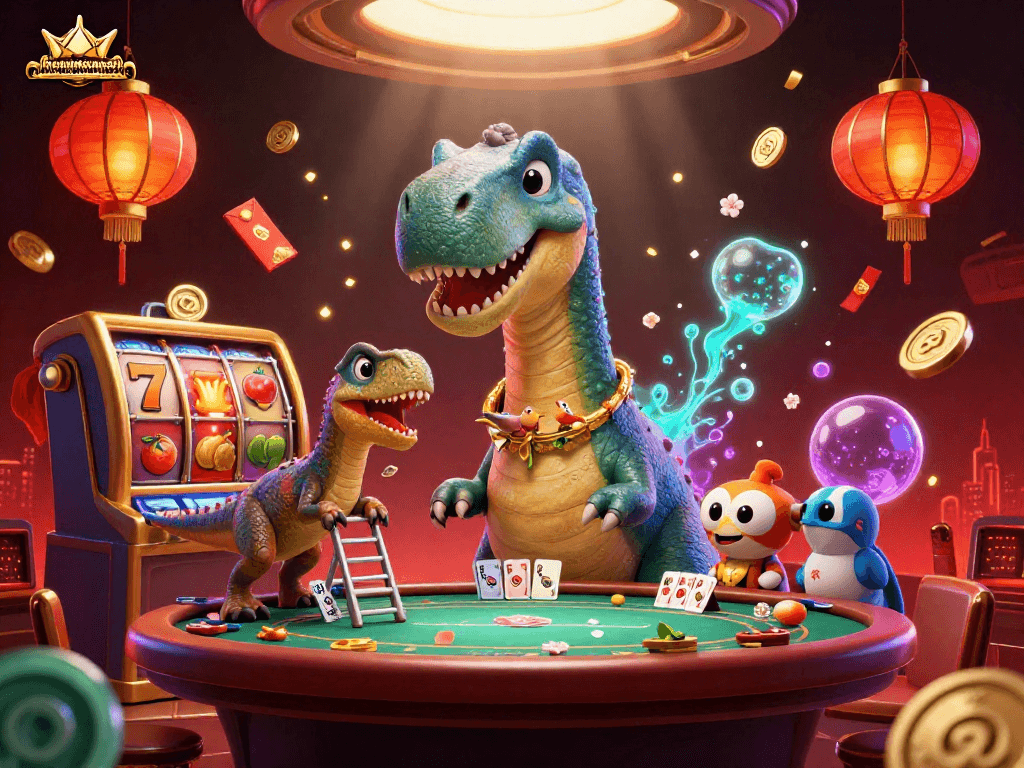 Play nhandinhkeonhacai at a vibrant casino filled with dynamic gaming elements and colorful characters.