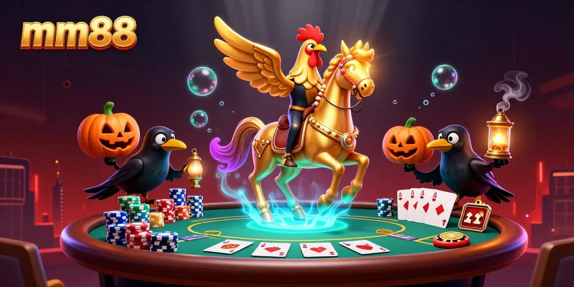 Experience the thrill at MM88 casino with a golden rooster and poker elements in a vibrant scene.