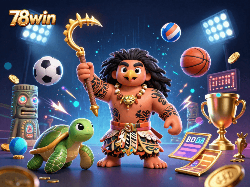 Explore the thrilling gaming atmosphere of 78win with dynamic sports elements and vibrant casino characters.