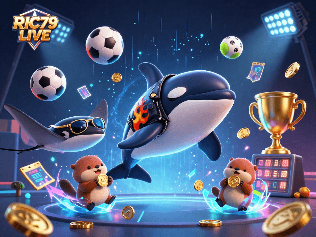 Experience the thrills of RIC79 LIVE with a dynamic 3D illustration featuring lively casino elements.