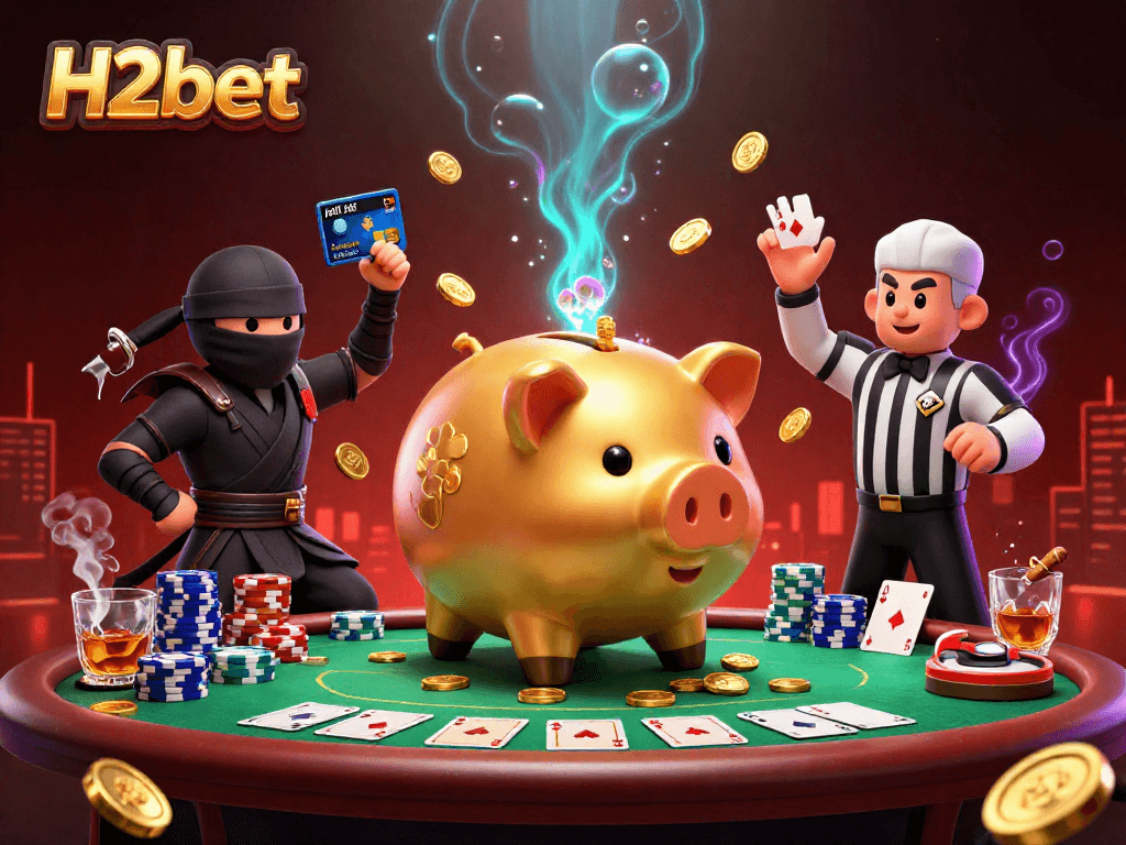 Engage in thrilling poker action with H2bet's vibrant 3D illustration showcasing dynamic casino characters.