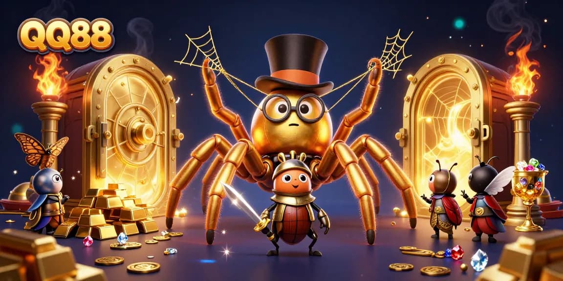 Experience the thrill of QQ88 with a gold-filled casino adventure featuring a golden tarantula and brave knight.