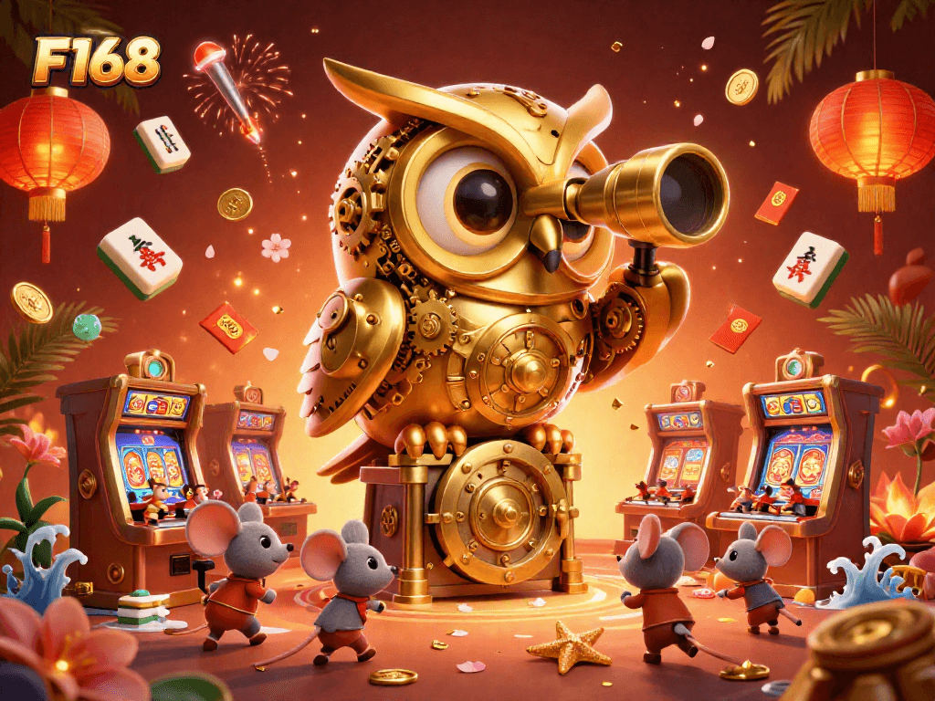 Experience thrilling gambling vibes with F168's captivating casino floor featuring golden owl and lively characters.