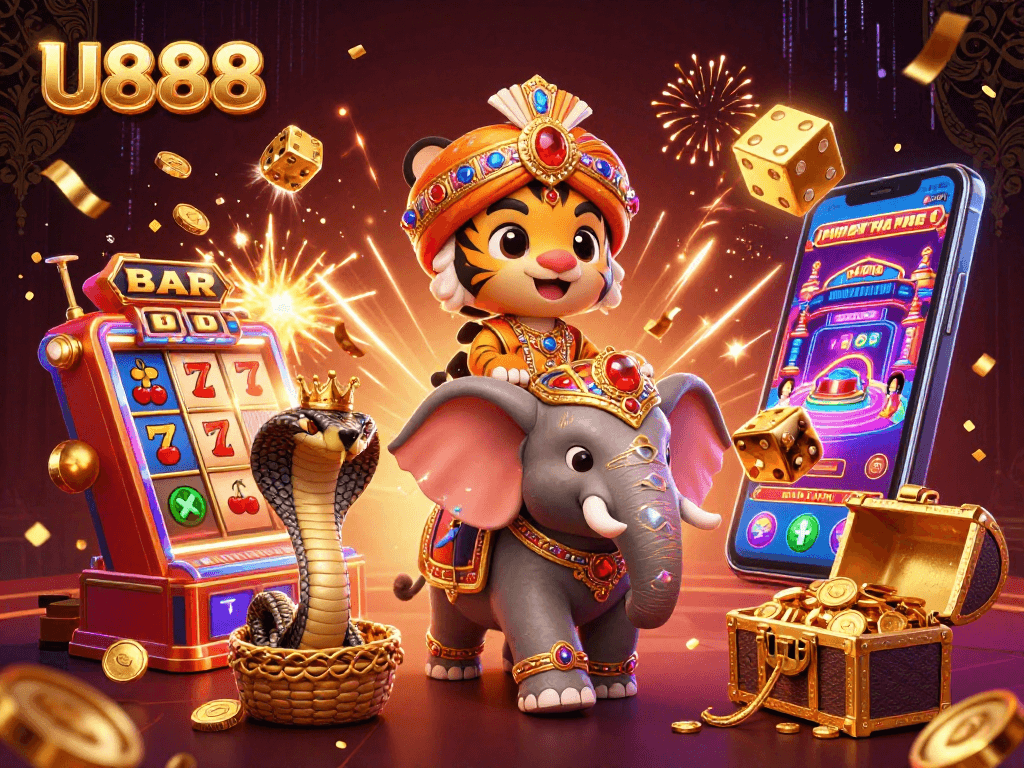 U888 slot machine jackpot exploding with coins while a themed elephant and tiger celebrate in 3D