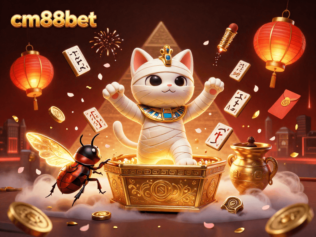 Experience cm88bet in a vibrant 3D casino scene featuring an Egyptian mummy cat and rich gambling elements.