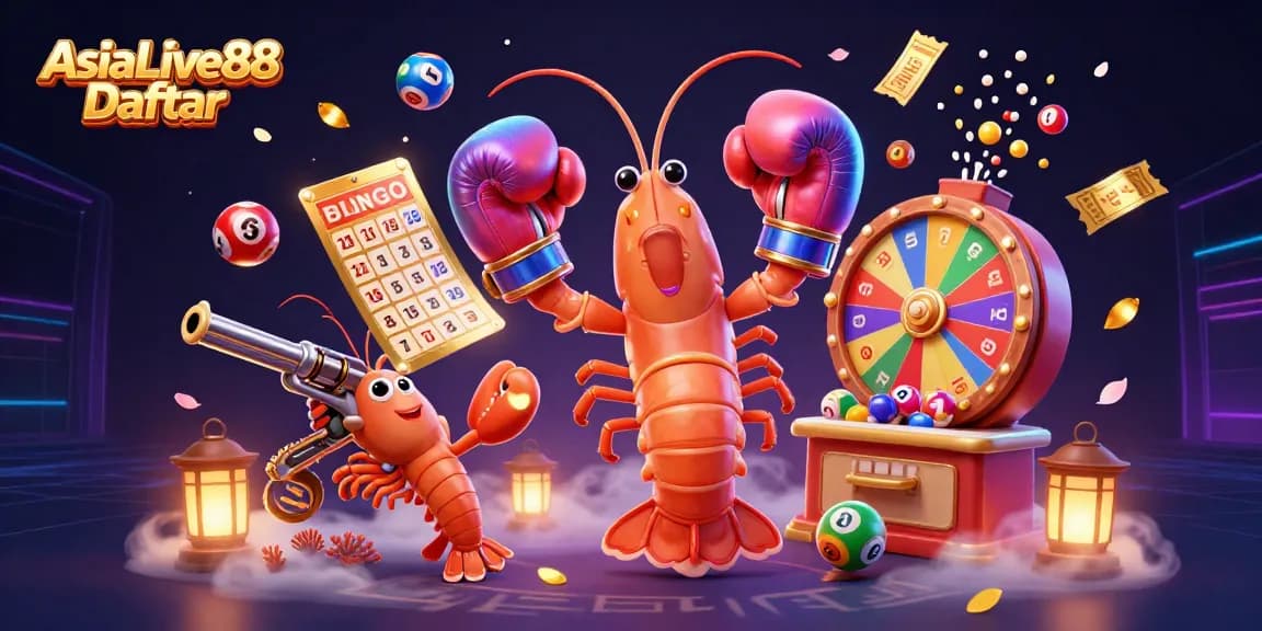 Engage in thrilling gaming action with AsiaLive88 Daftar's vibrant lottery elements and animated characters.