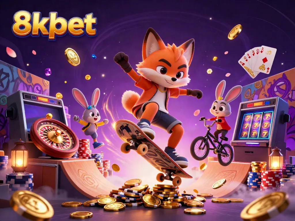 Join the thrill of 8xbet, featuring a dynamic fox and rabbit in an exciting casino scene.