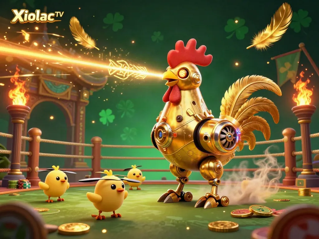 XoilacTV showcases a vibrant 3D scene with a golden rooster robot and chick drones in an exciting sports betting arena.
