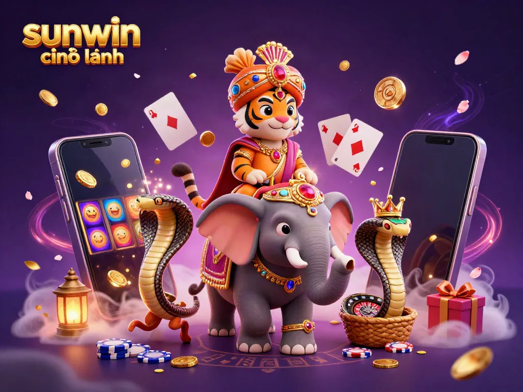 Experience thrilling wins with sunwin chính hãng, featuring an engaging 3D scene of a majestic maharaja tiger and gaming elements.