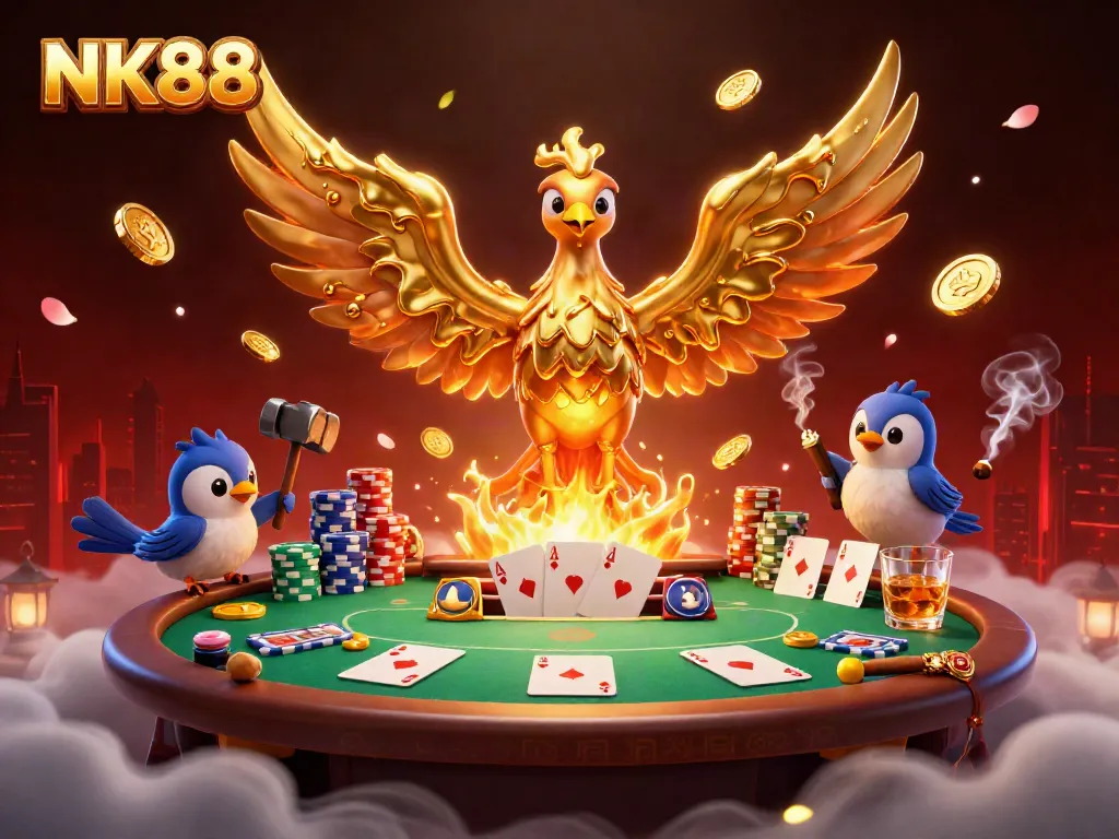 Experience thrilling gameplay with the majestic NK88 phoenix emerging from a poker scene.