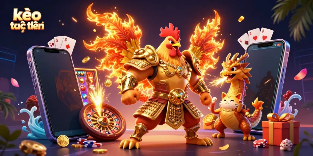 Engage in kèo trực tuyến with a vibrant 3D illustration of gaming characters amidst a colorful casino backdrop.