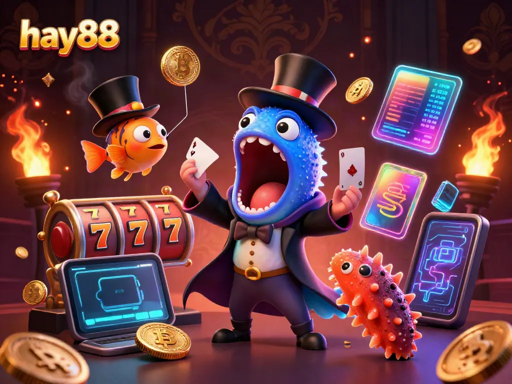 Engage with the exciting features of hay88 through a vibrant casino-themed 3D illustration.
