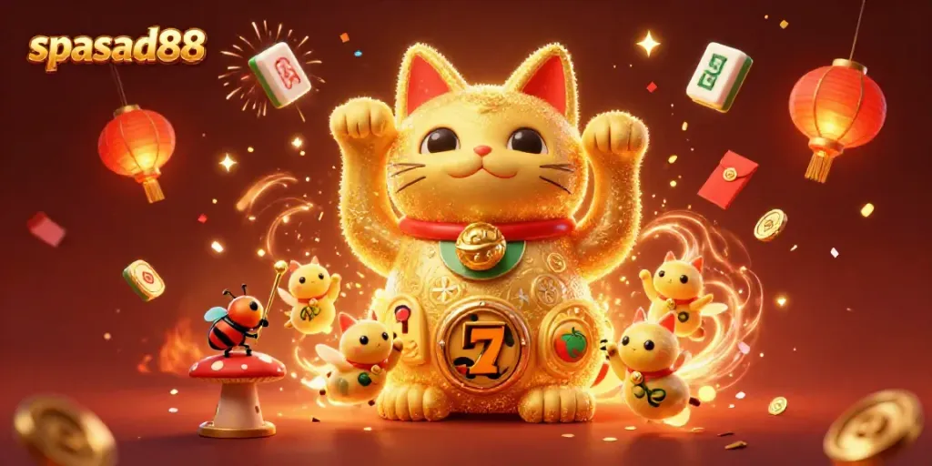 Engage with the mesmerizing spasad88 lucky cat illustration, filled with rich casino symbols and vibrant animations.