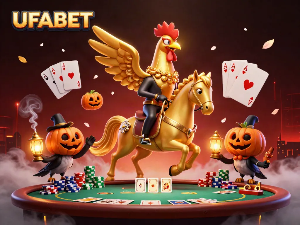 Experience UFABET with a golden rooster and spectral horse amidst vibrant casino visuals.