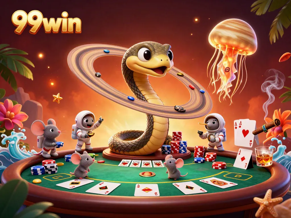 Engaging casino scene with 99win elements like roulette, poker chips, and astronaut mice betting.