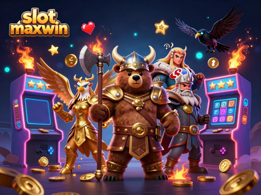 Experience the thrill of slot maxwin with a dynamic Viking bear and Valkyrie eagle in an engaging casino scene.