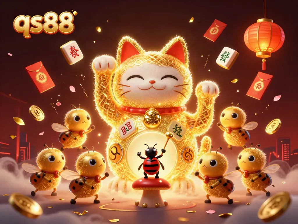 Experience thrilling wins at qs88 with a colorful casino scene of lucky symbols and festive elements.