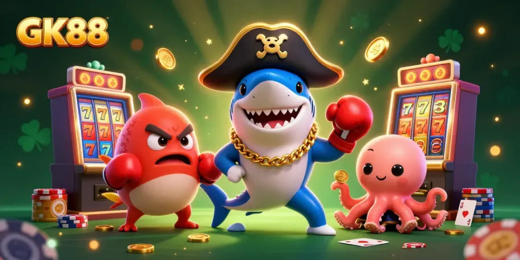 Experience the thrill of GK88 with a lively casino scene featuring a pirate shark, boxing pufferfish, and treasure-holding octopus.
