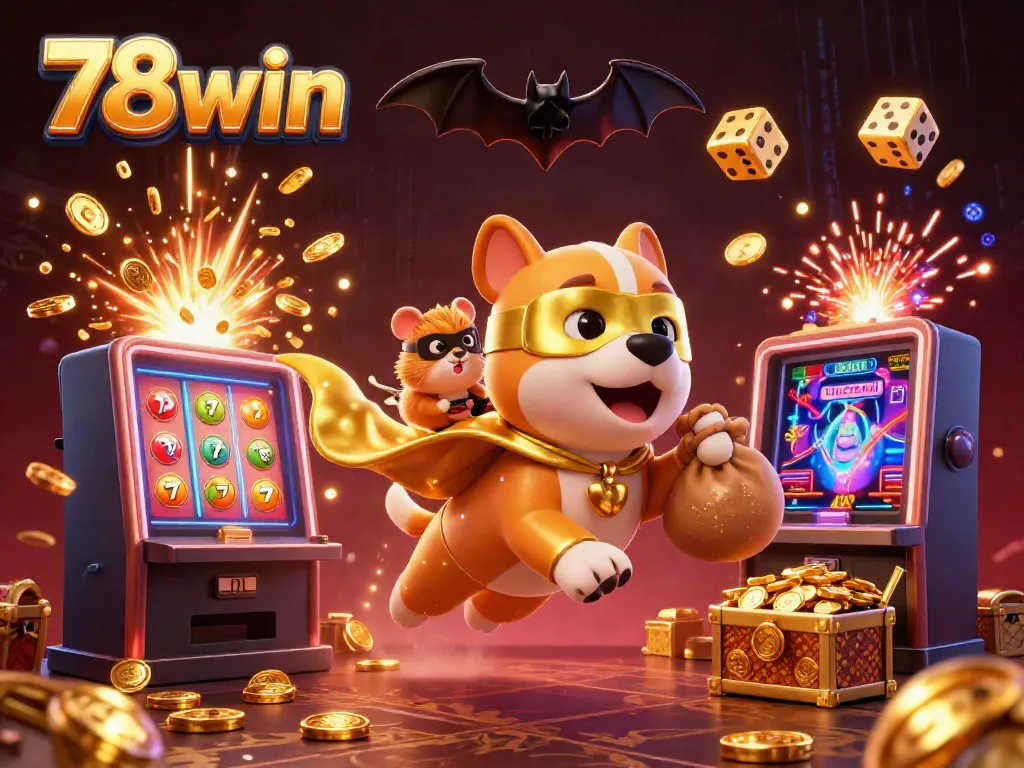 Experience the thrilling world of 78win with a superhero dog flying through a casino explosion.