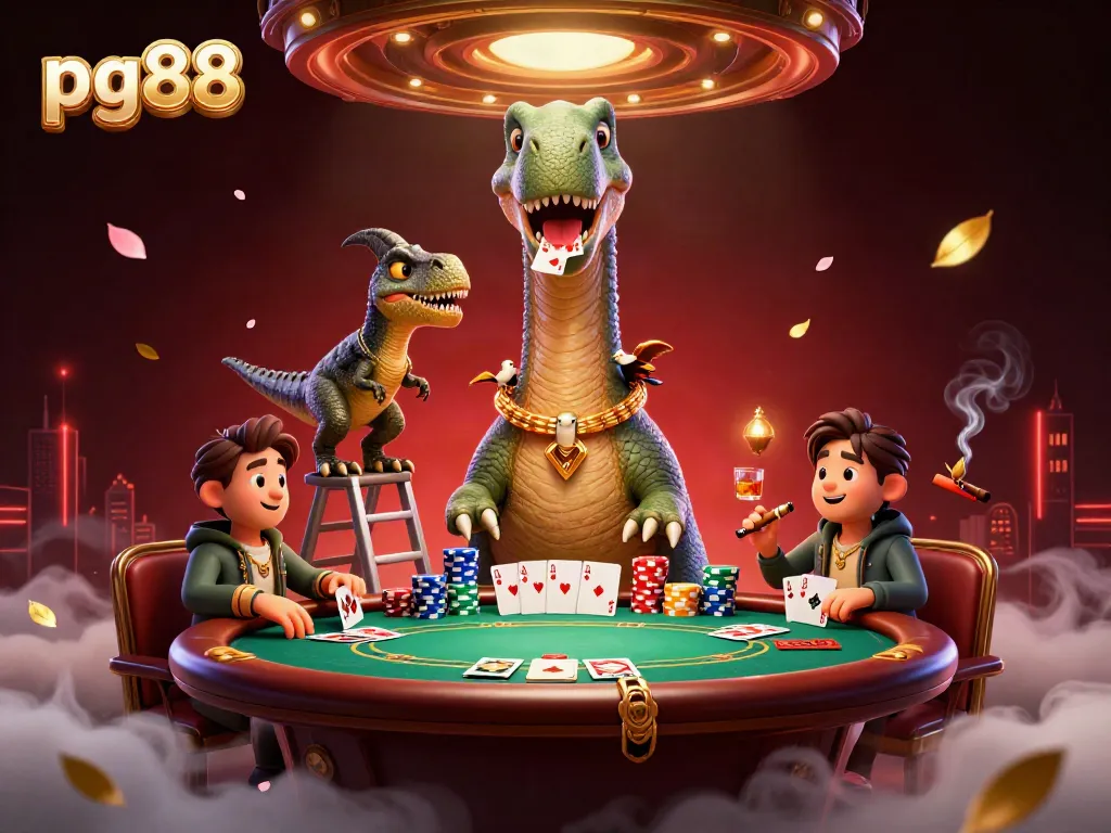 Engage with pg88 at a colorful casino scene featuring a towering brontosaurus and dynamic card game action.