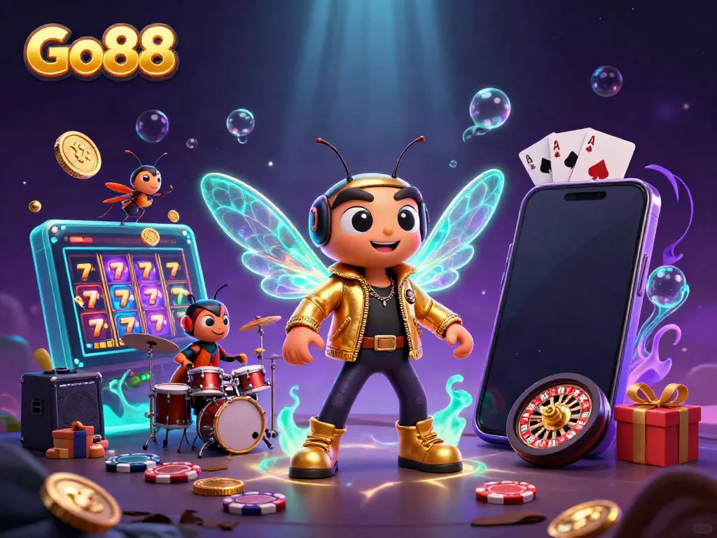 Experience Go88's excitement with a 3D scene featuring rock star characters amidst vibrant casino elements.
