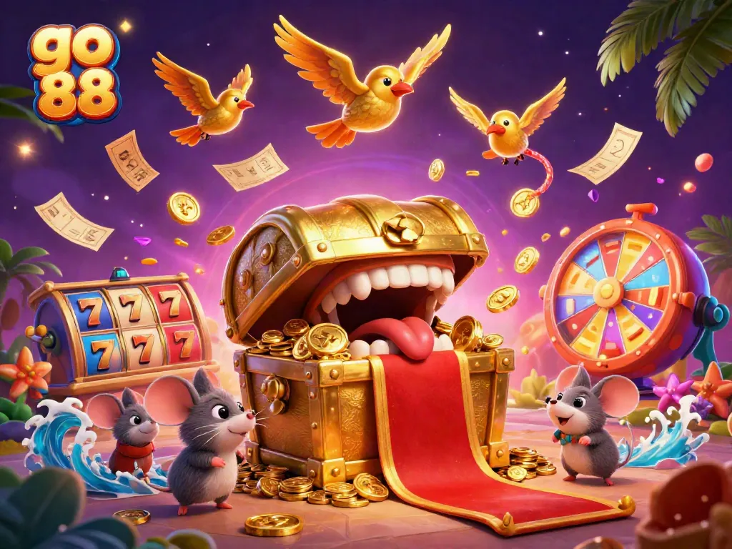 Engage in the rich adventure of go 88 as cartoon mice explore a treasure chest surrounded by slot reels and glittering prizes.