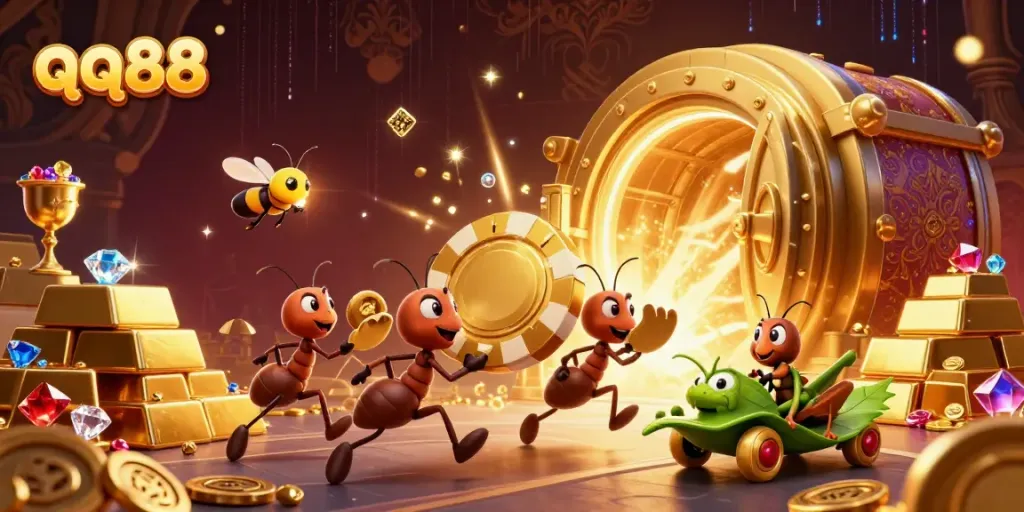 qq88 heist scene with animated ants and glowing poker chip amidst treasure, engaging online casino world