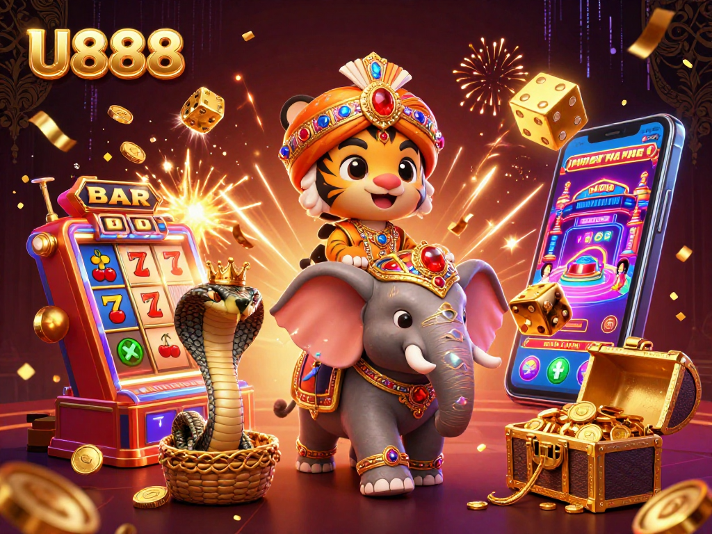 U888 slot machine jackpot exploding with coins while a themed elephant and tiger celebrate in 3D