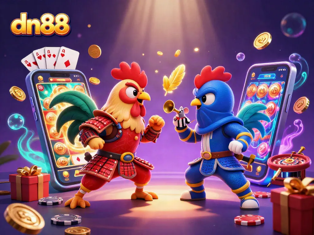 Claim your luck with dn88 as cartoon fighting roosters clash in a vibrant casino scene.