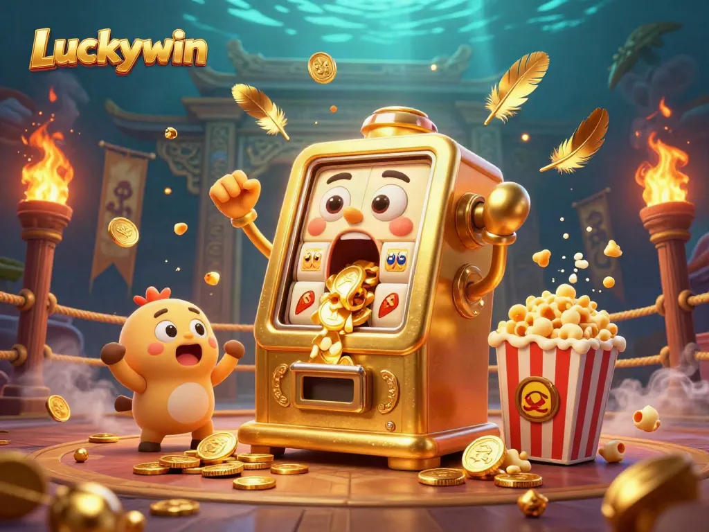 Luckywin slot machine hitting its own jackpot while coins pour out, surrounded by cheering baby slots, embodying the excitement of online gambling.