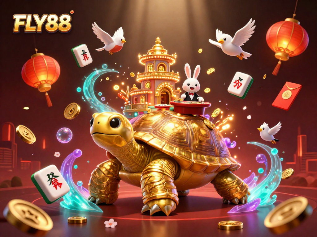 Experience the thrill at FLY88 with a dazzling casino scene featuring a golden tortoise and a rabbit dealer.