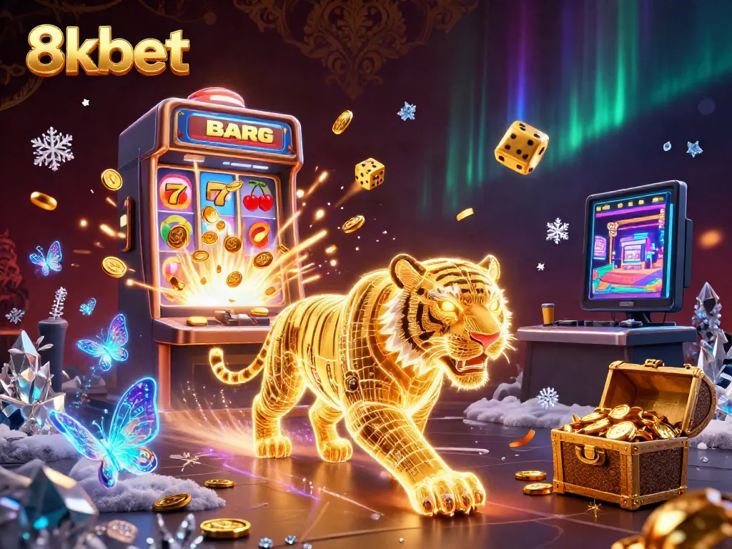Experience the excitement of 8kbet's vibrant digital casino, featuring a golden tiger amid jackpots.