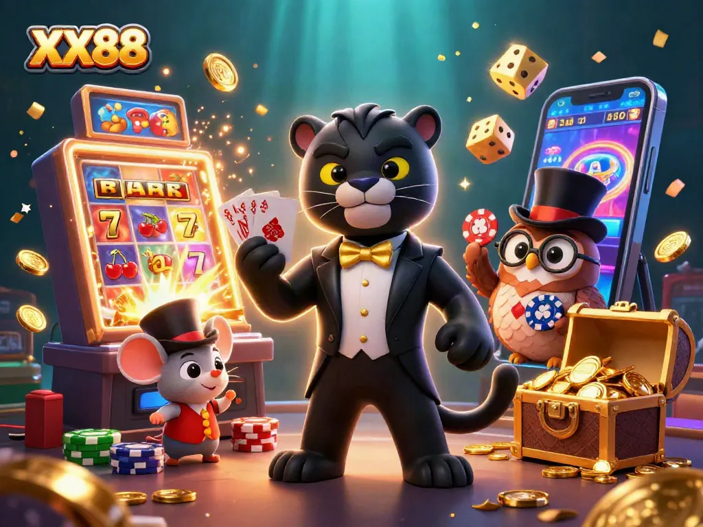 Engage in captivating gameplay with XX88, where a dazzling tuxedo panther deals cards amidst an explosive jackpot scene.