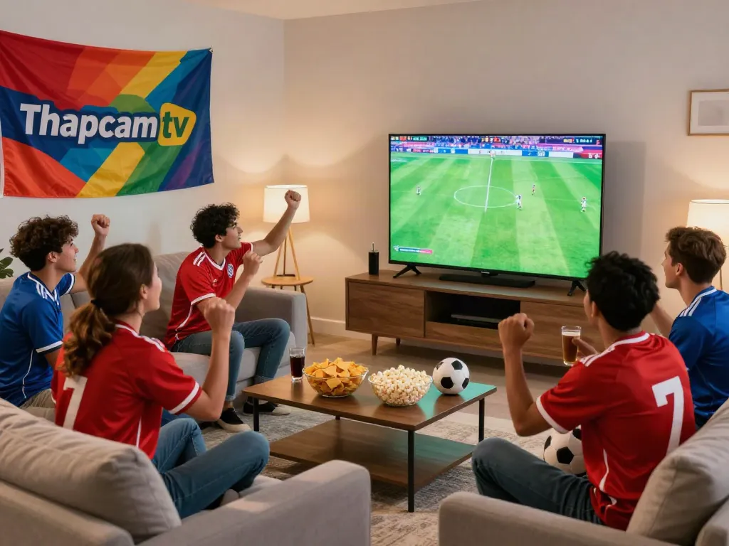 Excited football fans watching a live match on Thapcamtv in a cozy living room.