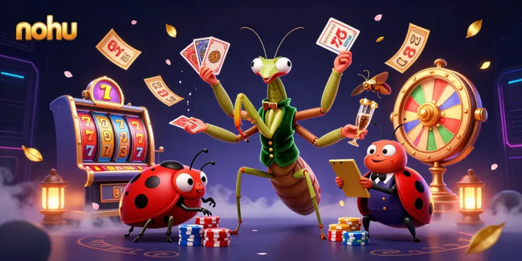 Experience exciting slots with nohu featuring a giant praying mantis card sharp and vibrant game elements.