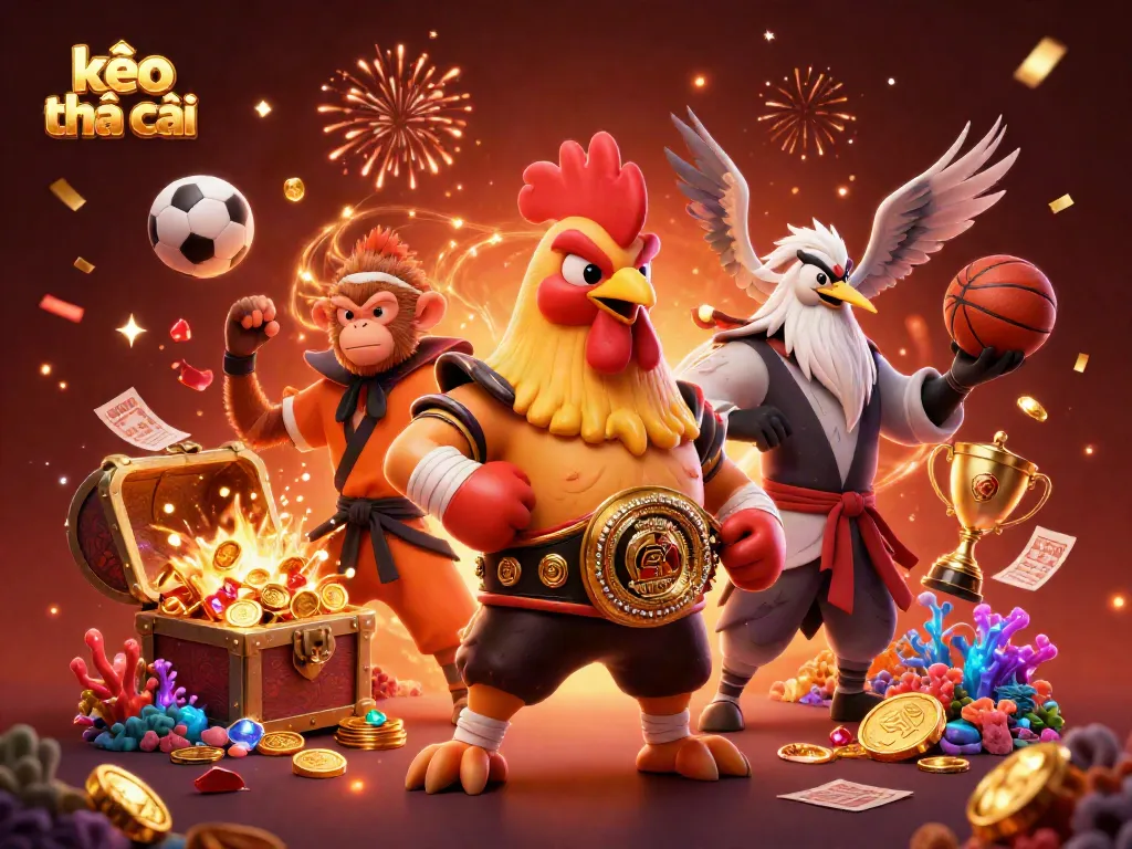 Engage in thrilling betting with kèo nhà cái featuring a fierce rooster and martial artists amidst cascading gold coins and glowing treasures.