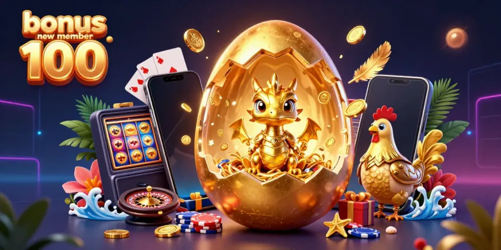 Engaging illustration of bonus new member 100 showcasing a dragon and golden egg surrounded by casino elements.