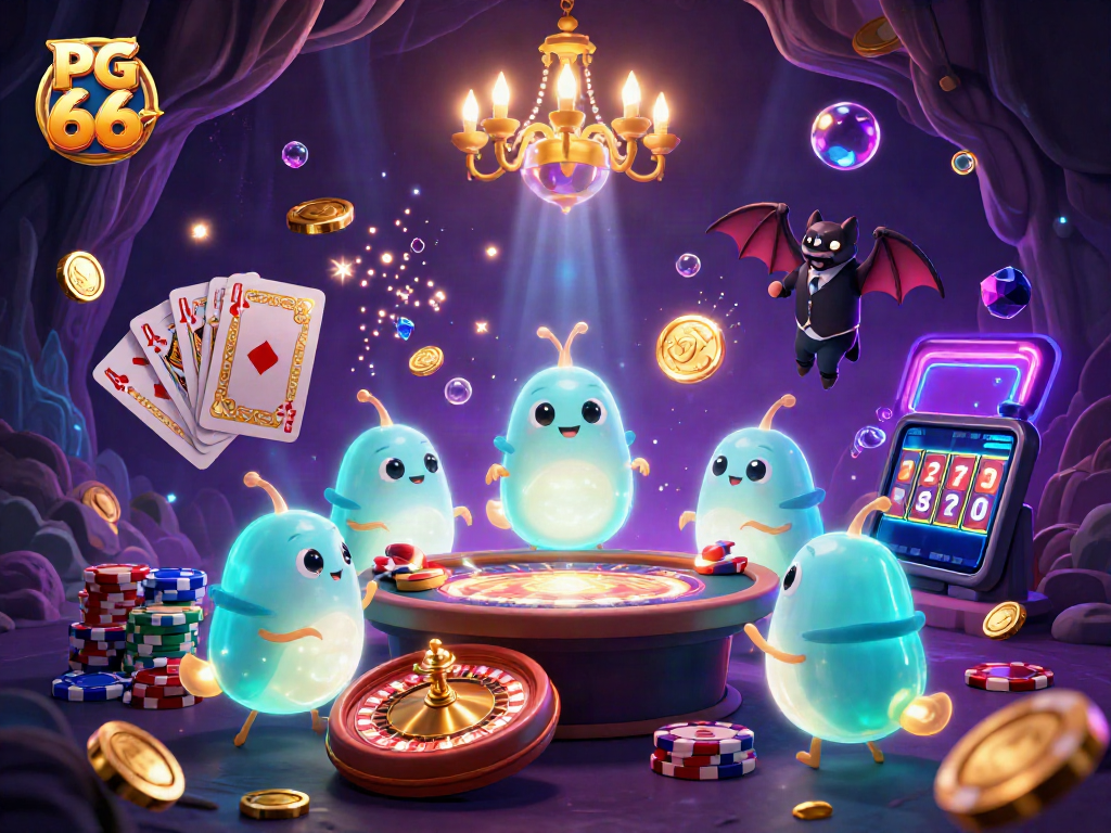 Experience thrilling gameplay at PG 66 with a vibrant 3D casino illustration featuring glowworms and a bat dealer.