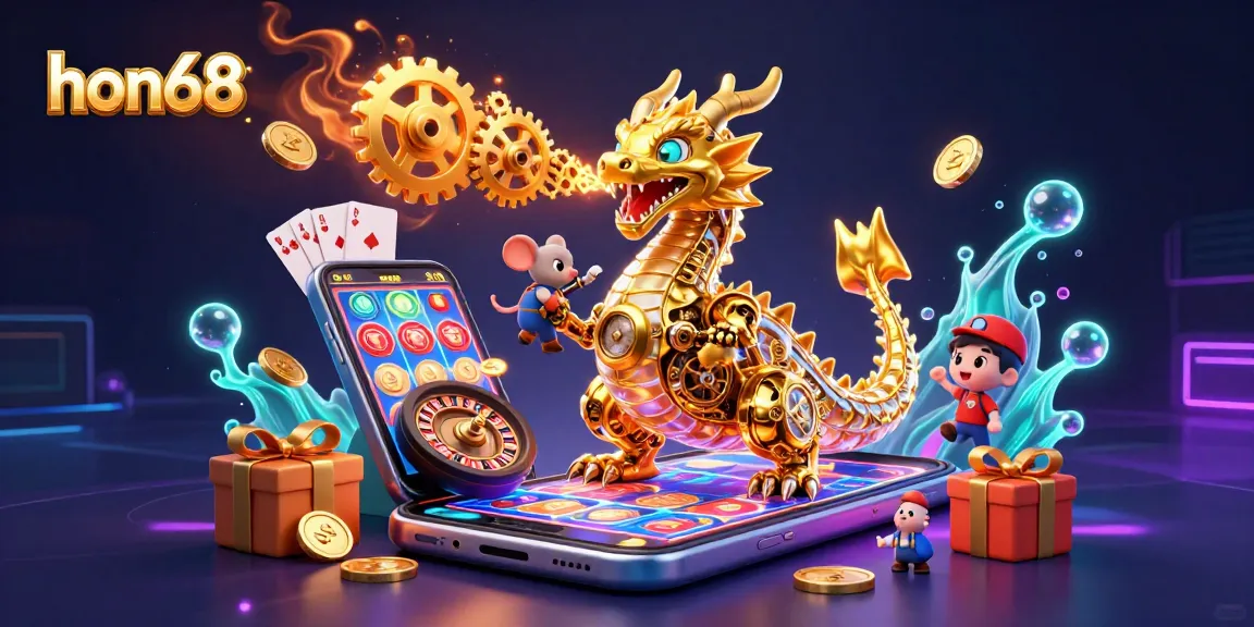Experience thrilling gaming action at hon68 with immersive casino elements and vibrant illustrations.