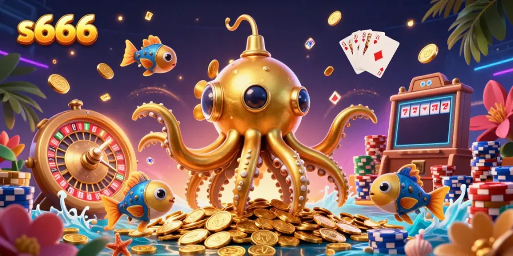Engage with s666's dynamic 3D gambling illustration featuring a golden kraken submarine and treasures.