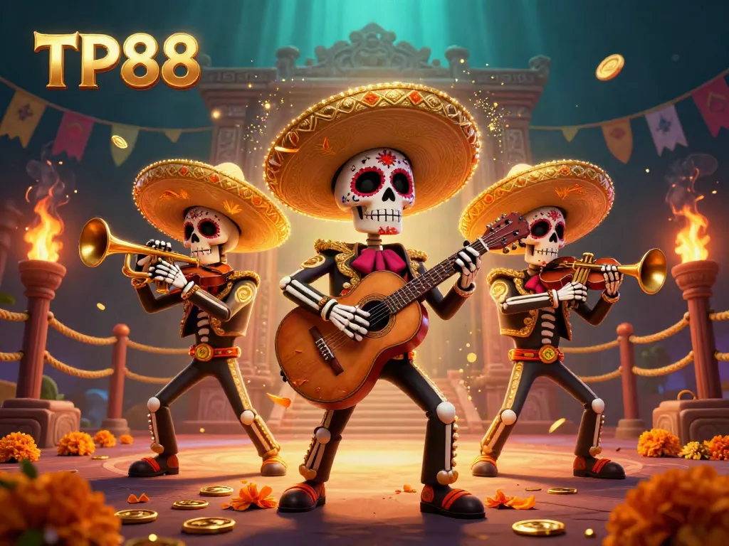 Experience the vibrant atmosphere of TP88 with a colorful Day of the Dead skeleton mariachi band surrounded by casino elements.