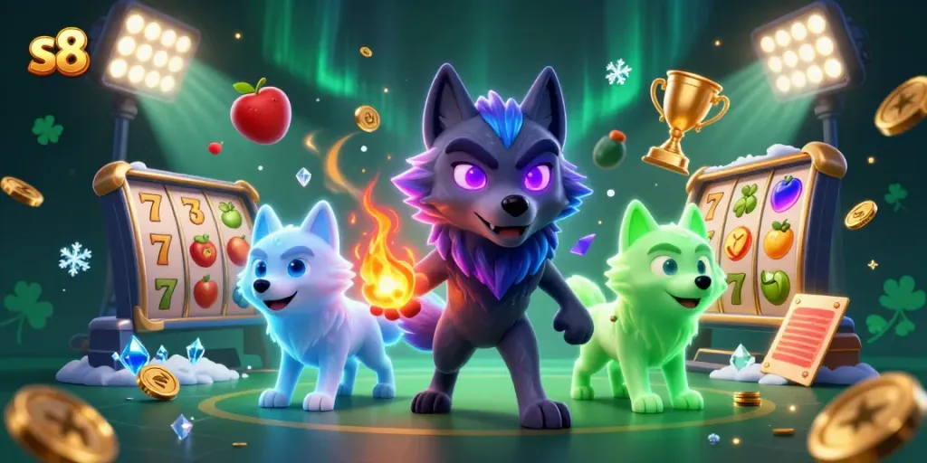 S8 promotional illustration showcasing a fantasy wolf leader in a vibrant online casino setting, surrounded by slot game elements and energetic visuals.