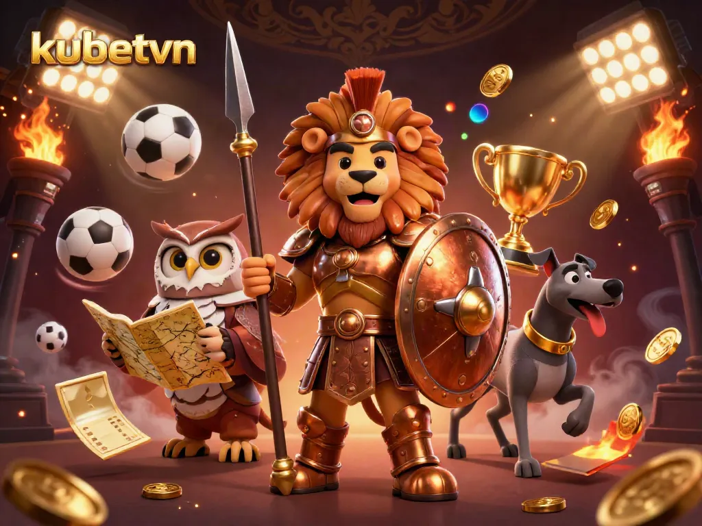 Join the thrilling action of kubetvn with a Spartan lion and sports-themed elements in a vibrant casino illustration.