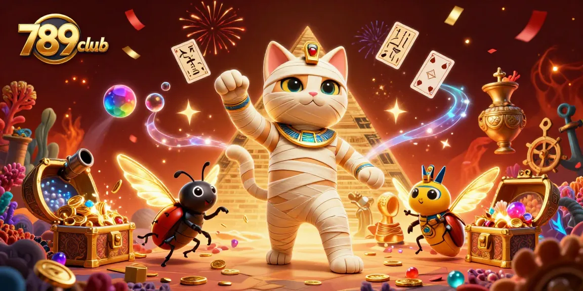 Join the excitement at 789club as the Egyptian mummy cat and scarab beetle burst into the casino action!