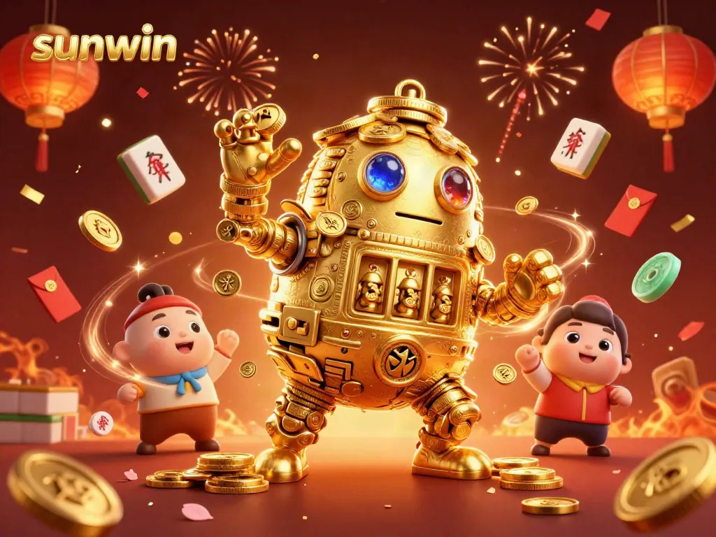Experience the thrill of sunwin gaming with a golden golem surrounded by vibrant casino elements.