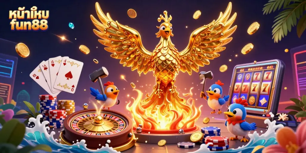 Play exciting games on หน้าแรก fun88 with a vibrant illustration showcasing golden phoenix and casino elements.