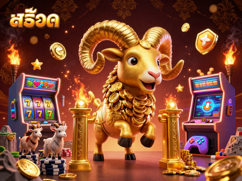 Win big with สล็อต as a golden ram charges through a dynamic casino scene filled with vibrant game elements.